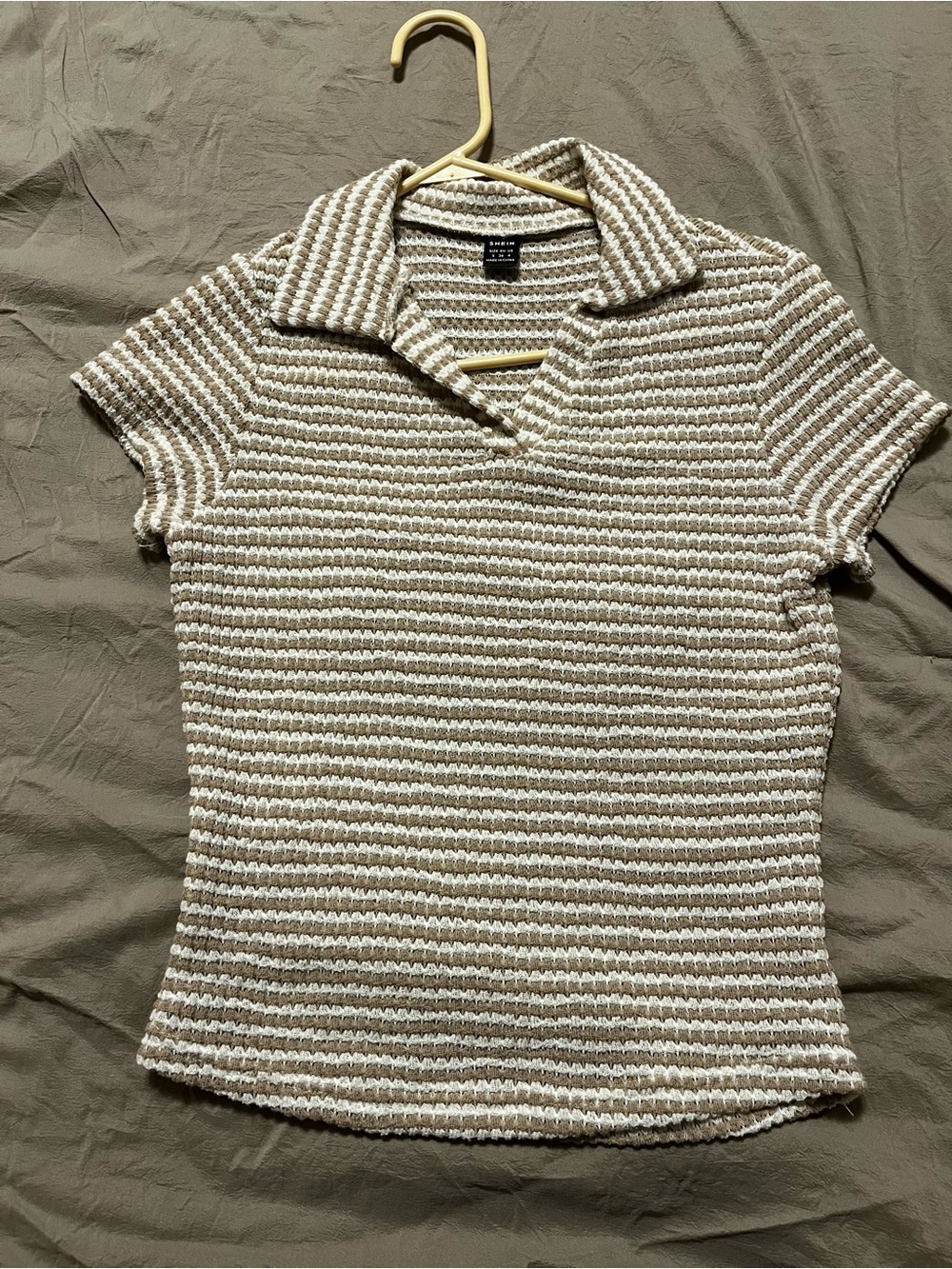 Striped Knit Polo Top in Beige and Cream